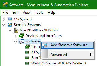 NI MAX "Add/Remove Software" menu location